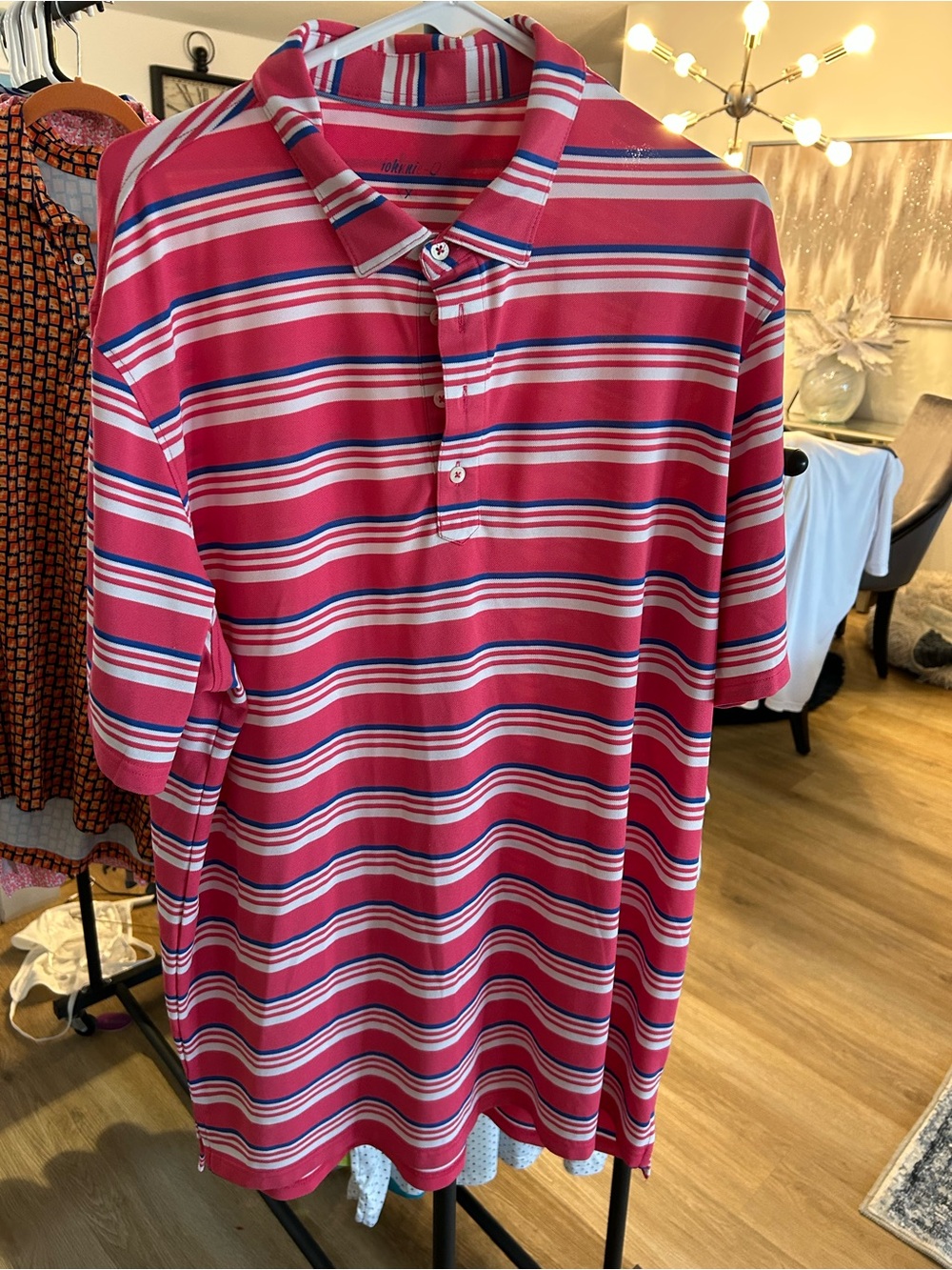 Roku Men's Pink and Navy Striped Polo